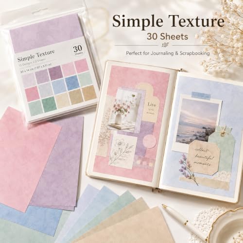 30 Sheets Simple Texture Scrapbook Paper, Aesthetic Craft Paper for Journaling, Card Making, Gift Wrapping and DIY Collage