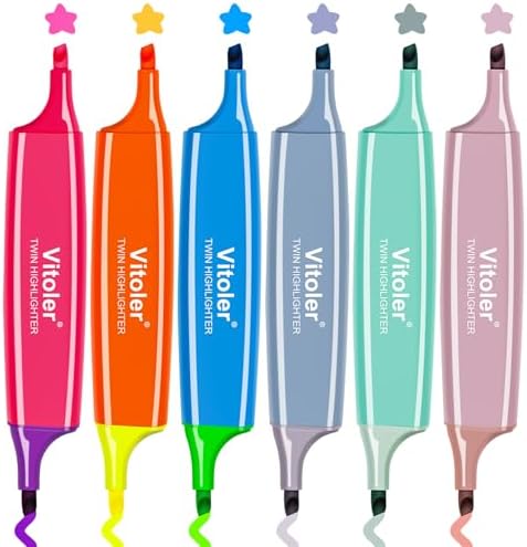 Vitoler Highlighters Assorted Colors,Bible Highlighters,6 Pcs,12 Colors,Dual Tips,No Bleed,Aesthetic Highlighter,Marker Pens for Office Supplies