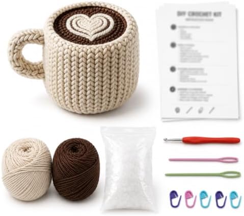 FACE N FACE DIY Crochet Coffee Mug Kit for Beginners – Handmade Yarn Latte Art Cup Craft Set with Yarn, Fiberfill & Step-by-Step Instructions – Easy Beginner Crochet Home Decor Gift for Adults