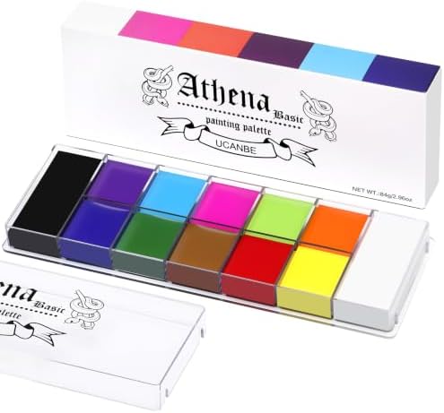 UCANBE Athena Basic Face Body Paint Oil Palette, 12 Color Large Black White Professional Face Painting Makeup Kit, Facepaint Pallet for Halloween SFX Party Art Stage Costume Cosplay Clown Goth Make Up