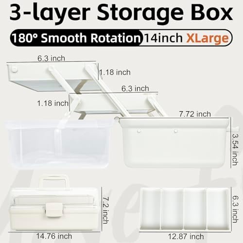 TERGOO 14in 3-Layer Multipurpose Craft Organizers and Storage with Adjustable Dividers, Portable Tackle Box, Folding Art & Craft Case for Medicine, Tool, Sewing Organizer (White, X-Large)