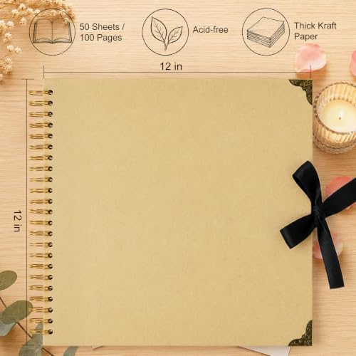 Scrapbook Photo Album 12"x12" 50-Sheet 100 Pages Kraft Paper Ribbon Closure