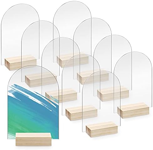Bercoor 10 Pack 4x6 Inch Blank Clear Arch Acrylic Sign with Wooden Stands, Arched Round Top Acrylic Sheet, DIY Acrylic Arch Table Numbers for DIY Name Card Gifts Event Party Sign Decoration