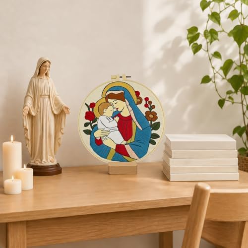 Christian Embroidery Kit for Beginners Adults, Virgin Mary Easy Cross Stitch Kit Jesus and The Holy Mother Mary Pattern Embroidery Starter Kits with Wooden Hoop Needles Threads and Instruction