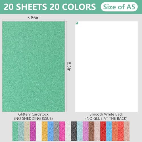 MIDELONG 20 Sheets Glitter Cardstock Paper, 10 Colors A5 Sparkly Card Stock Paper Glitter Paper for Cricut Art Crafts DIY Projects Card Making Scrapbooking