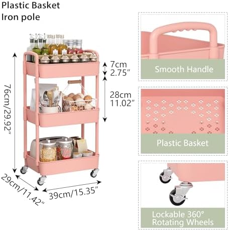 Sywhitta 3-Tier Plastic Rolling Utility Cart with Wheels for Storage, Pink