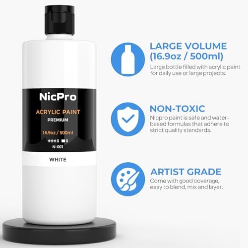 Nicpro White Large Acrylic Paint (16.9oz, 500ml), Rich Pigments, Non Toxic | Craft Paint for Multi Surface, Canvas, Wood, Ceramic, Fabric, Stone - Art Painting Supplies for Beginners, Artists & Adults