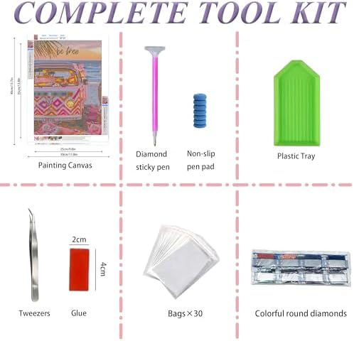 EOPLK Beach Diamond Painting Kits for Adults, Be Free Beach Van Diamond Art Kit for Beginners, 5D DIY Full Drill Round Gem Painting by Numbers for Home Wall Decor Gift, 12x16 inch