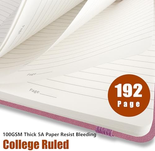 Lined Journal Notebook, A5, 192 Pages 100 GSM Thick Paper, Hardcover Leather College Ruled Journal for Writing, Men Women, Journaling, Daily, Work, Office, Home School Business(Pink)