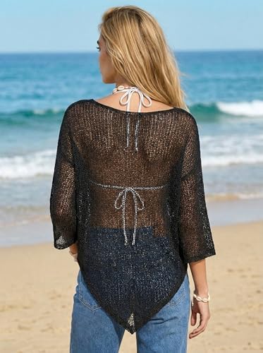 MAKABO Women's Off Shoulder Mesh Knit Cover Up Summer Beach Asymmetrical Vacation Bolero