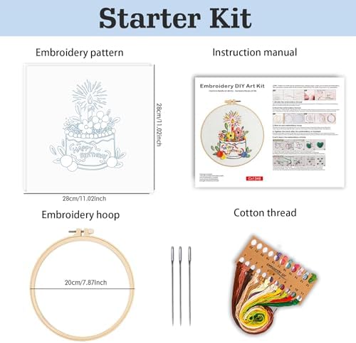 spicssa Embroidery Kit for Beginners, Hand Needlepoint Kits for Adults with Pre-Stamped Patterns, 7.8-Inch Hoop, Threads & Needles, Step by Step Instructions