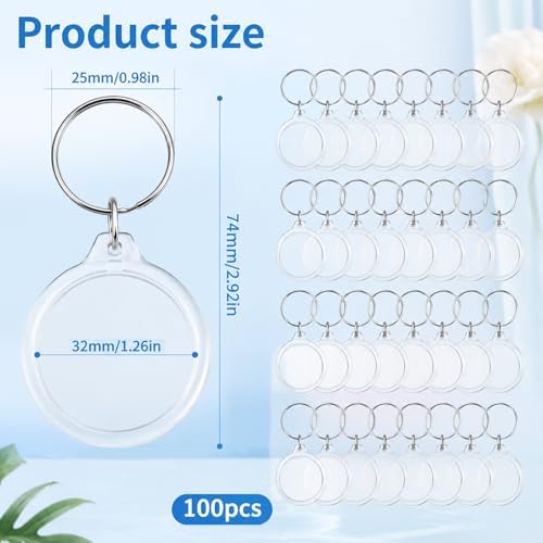 100 Pcs Photo Insert Keychain, Clear Acrylic Picture Keychains Round Blank Picture Frame Keyring Holder for DIY Crafts Wedding Bridal Party Favors Small Business Branding