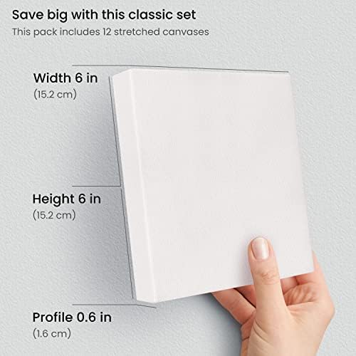 ARTEZA Stretched Canvas, 6 x 6 Inches, Pack of 12, Blank White Square Canvas for Painting for Acrylic, Oil and Gouache Paints