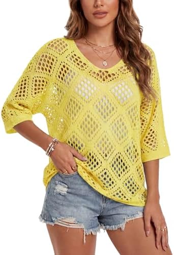Womens Crochet Top Summer 3/4 Sleeve Cover Up V Neck Boho Tops
