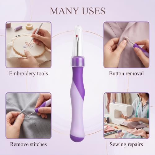 5 Pack Needle and Thread Seam Ripper Set, Purple, Ergonomic Non-Slip Handle Stitch Remover Tool for Sewing, Cross Stitch, Embroidery, Knitting and Crafting