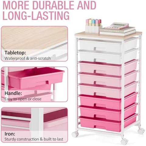 TOOLF Rolling Storage Cart with 8 Drawers,Rose Pink | Utility Cart on Wheels with Wooden Tabletop,Teacher Organization for Classroom, Art Cart for Office,Bedroom,Craft Room