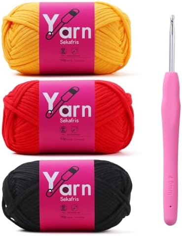 Crochet Yarn 150g/163.5yds Cotton - Chunky Yarn for Crocheting - Easy-to-See Stitches - Black+Crimson+Golden Yellow