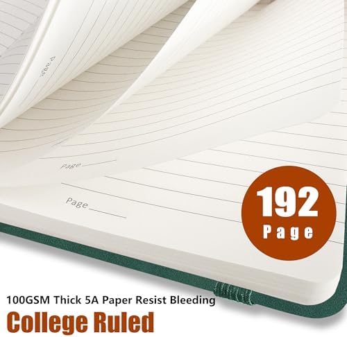 Lined Journal Notebook, A5, 192 Pages 100 GSM Thick Paper, Hardcover Leather College Ruled Journal for Writing, Men Women, Journaling, Daily, Work, Office, Home School Business(Dark Green)