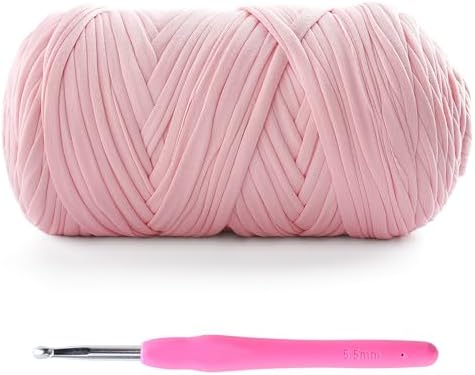 Tshirt Yarn for Crochet - 400 g/130 yds T Shirt Yarn for Crocheting Bags/Baskets/Home Decor - Soft Elastic Fabric T-Shirt Yarn with 1 Crochet Hook (1, Sakura Pink)