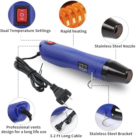 Heat Gun for Crafting, 110V 350W Handed Hot Air Gun (Blue) | 3.28FT Ultra-Long Cable Portable Heat Gun with Stand for Shrinking Wrapping PVC, DIY Embossing and Drying Paint