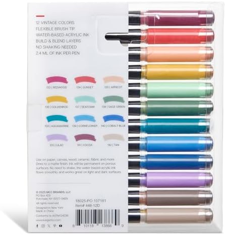 KINGART Acrylic Paint Markers Brush Tip, 12 Vintage Colors. Water-based, no-bleed, waterproof pens with automatic ink control for rock, egg, wood, fabric, glass & DIY crafts