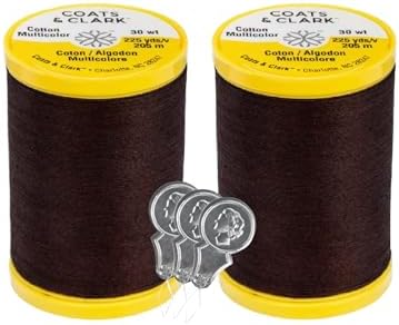 Coats & Clark Cotton All Purpose Sewing Thread 100% Mercerized Cotton 225 Yards Each Spool S970 2 Pack Bundle with 3 Bella's Crafts Needle Threaders (Chona Brown)
