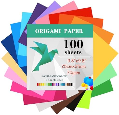 100 Sheets Origami Paper, 25x25 cm/10 Inch Origami Paper Double Sided(70gsm), 20 Colors Large Origami Paper Squares for Kids DIY School Arts Crafts Projects Children Adults