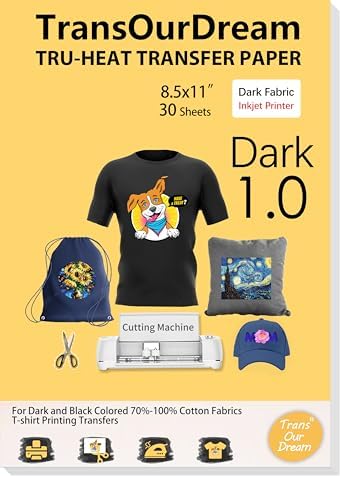 TransOurDream Heat Transfer Paper for Dark Fabric (30 Sheets, 8.5x11),Printable Heat Transfer Vinyl for T-Shirts Iron on Transfers for Inkjet Printer