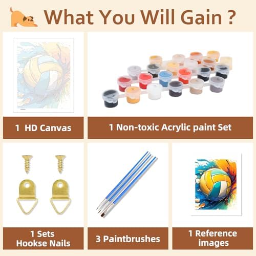 Reivworl Volleyball Paint by Numbers Kit for Adults Beginner, 16" Wx20 L Volleyball Paint by Number for Adult, Acrylic Painting Kits with Canvas for Gifts and Wall Decor