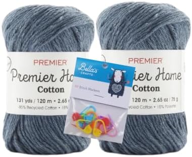 Premier Home Cotton Yarn 2-Pack Bundle with Bella's Crafts Stitch Markers (Denim)