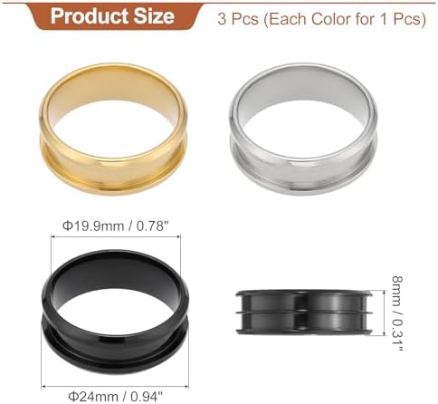MECCANIXITY 3 Pcs Titanium Steel Ring Blank, 8mm Width Grooved Inlay Ring Blanks for Jewelry Making DIY Craft Supplies(Black/Gold/Silver, Size 10)