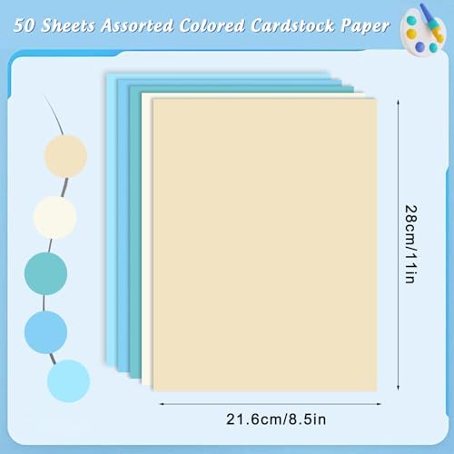 Whaline 50 Sheets 8.5 x 11 Inch Assorted Pastel Blue Colored Card Stock Paper 5 Seaside Colors Solid Core Scrapbook Paper for Print DIY Ocean Arts Crafts Making Supplies, 65Lb
