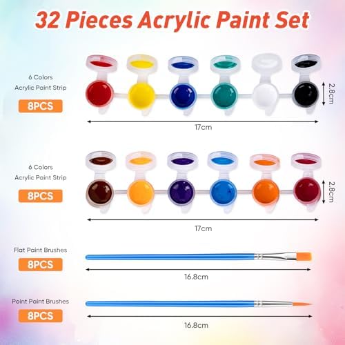 8 Pack Mini Acrylic Paint Set, 12 Colors Acrylic Paint Strips with 16 Brushes, Washable Paint for Kids & Adults Craft, 112 PCS Painting kit for Easter Eggs, Birthday, Party Favor, Classroom Art Gifts