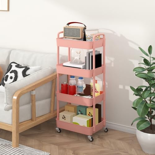 Sywhitta 4-Tier Plastic Rolling Utility Cart with Wheels for Storage, Pink