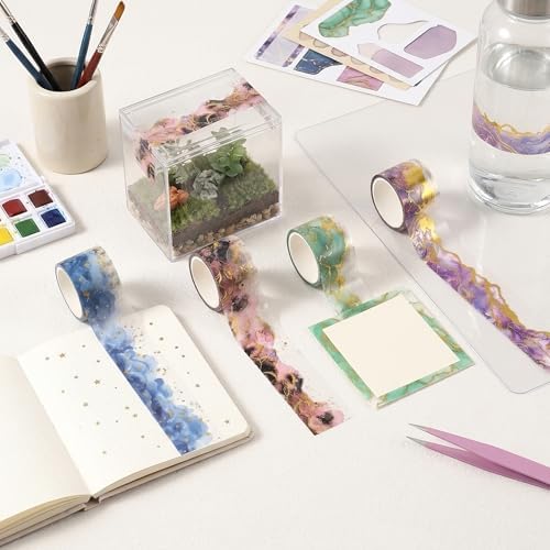 4 Rolls Gradient Watercolor PET Tape Stickers for Journaling Gold Foil Aesthetic Scrapbooking Supplies with Pink Tweezers Clear Junk Journal Accessories Decorative Craft Set