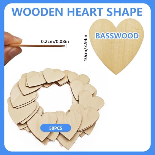 50PCS Wooden Heart, Made of Basswood, 4 Inch Unprocessed Wood Pieces, Natural Star Shaped Wood Blanks, Suitable for DIY Painting, Pyrography, Staining, Carving and Other Crafts, and as Coasters