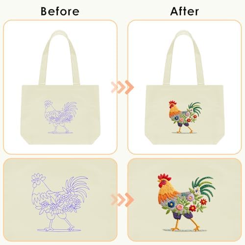 ERKOON Canvas Tote Bag Embroidery Kit for Beginners, Floral Arts Crafts Cross Stitch Kits for Adults Including Stamped Embroidery Bag with Hoops, Needle, Instruction and Color Threads (Rooster)