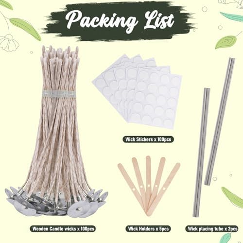 200pcs Natural Candle Wick kit,100pcs Wick Stickers with 5pcs Wick Holders and 2pcs Wick Placing Tube，for Soy Wax, Beeswax, Coconut Wax - DIY Candle Making Supplies for Beginners & Professionals