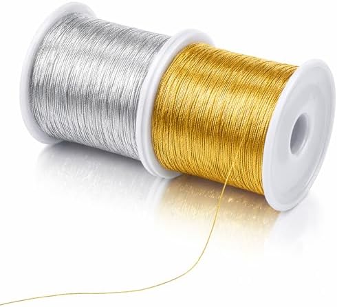 4 Spools 1837 Feet Metallic Thread, 0.2 mm Ornament String Christmas Cording Gold String Silver Craft Strings Tinsel Ribbon Bracelet Strings for Jewelry Making Gift Wrap Craft Making (Gold, Silver)