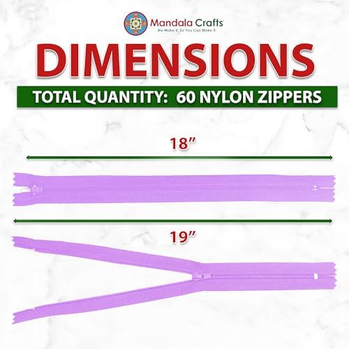 Mandala Crafts 60 PCs Lilac Closed-End 18 Inches Nylon Zippers for Sewing