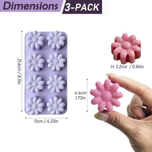 3 Pack Flower Silicone Molds, Daisy Flower Chocolate Candy Molds for Soap Making 8 Cavities Daisy Ice Cube Molds for Baking Candle Cookie Jello Wax Melts Cake Decorating