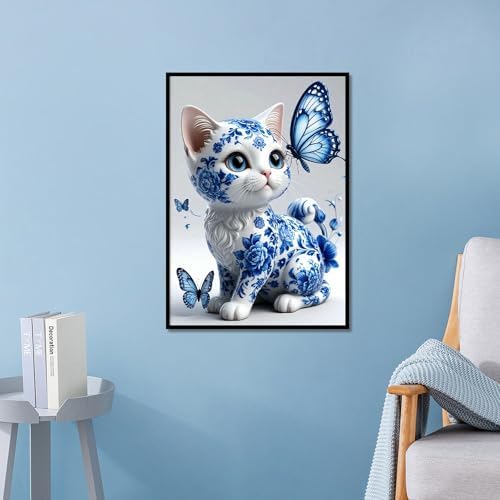 MVVMTOP Diamond Painting Kit for Adults 5D DIY Blue and White Porcelain cat and Butterfly Full Drill Round Diamond Art Kits for Beginners Crystal Rhinestone Embroidery Painting Home Wall Decor Gift