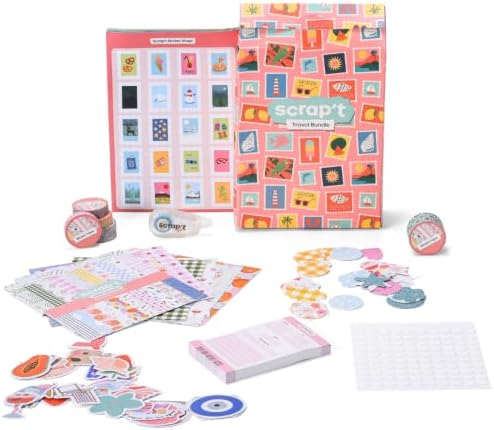 Travel Scrapbook & Junk Journal Supplies Kit – Travel Stickers, Scrapbook Paper, Washi Tape, Memo Pad, Embellishments, Glue Tape Runner & Glue Dots for Journaling & Memory Books (Travel)