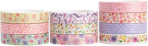 YUBBAEX 10 Rolls Sparkling Washi Tape Set 8mm Skinny Gold Foil Decorative Masking Washi Tapes for Journal,Scrapbook, Planner, DIY Crafts (Beautiful Flowers)