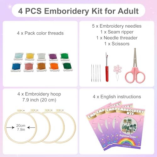 Huacan Embroidery Kit for Adults Beginners with 4 Hoops & Gift Box