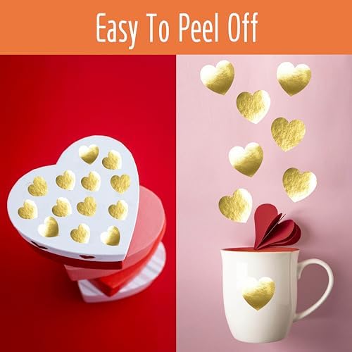 500 Golden Heart Stickers, Metallic Golden, Waterproof Reflective Heart Stickers - Love Decorative Labels for Wedding, Valentine's Day Supplies (1' Each)