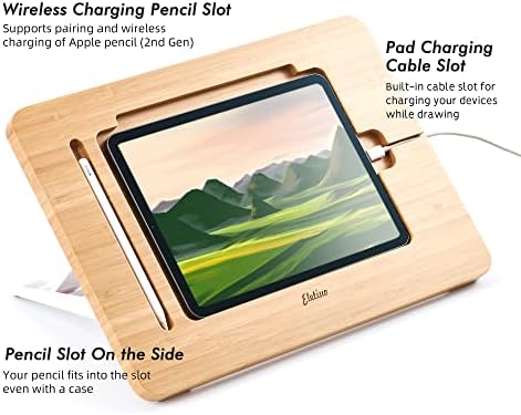 ELETIUO Adjustable Tablet Stand with Pencil&Charger Cable Slot,Bamboo Wooden Stand with Multiple Angles,Organizer Desktop Holder for Drawing,Compatible with ipads(Support to 9.7-11" Devices)