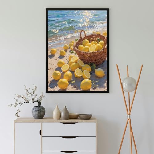 Lemon Paint by Numbers Kit for Adults,DIY Fruit and Beach Scenery Watercolor Painting Kit for Adult Beginners,Unframed Landscape Acrylic Paint by Number Kits Art Craft for Home Wall Decor 16X20 Inch.