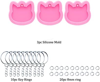 3pc Shiny Pet Cat Tag Mini Cat Head Resin Silicone Molds, Keychain Mould Crafts Epoxy Art DIY Handmade Mold with 10PC Key Ring(DY0869+DY0869+DY0869)