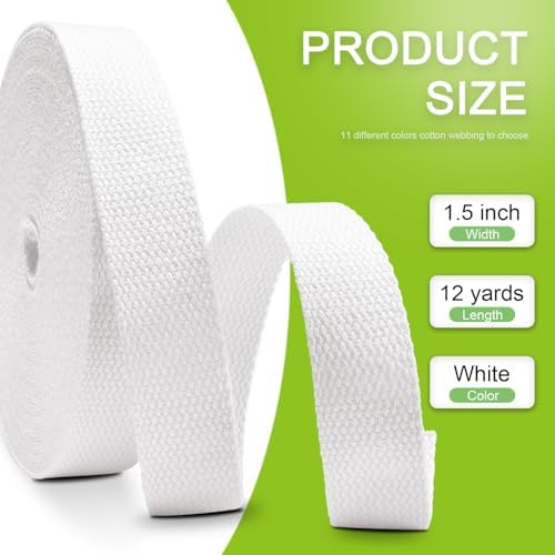 Cotton Webbing 1.5 Inch 12 Yards Natural Cotton Webbing Straps for Bags Handles, 1.5 Inch Weave Webbing for Cloth Tote Bag Straps Making,Cloth Belt, DIY Crafts Decoration (White)